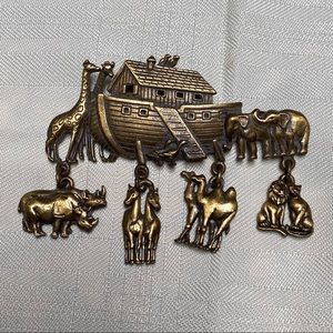 JJ Noah’s Ark Brooch, Brass Colo, Vintage